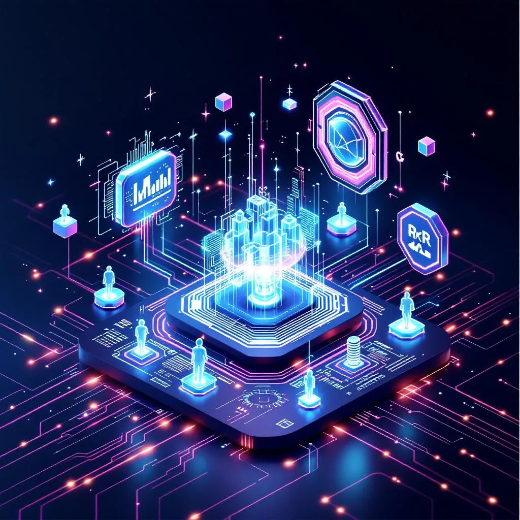 Yapay zeka, blockchain ve artırılmış gerçeklik teknolojilerini gösteren futuristik yatırım konsepti
